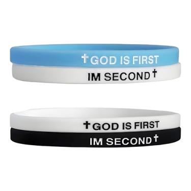 Imagem de LIU JUN Pulseira God Is First, pulseiras de borracha cristã inspiradoras gravadas versículos bíblicos cruz pulseira de silicone para mulheres homens presentes de fé, Large, Silicone, Sem Pedra
