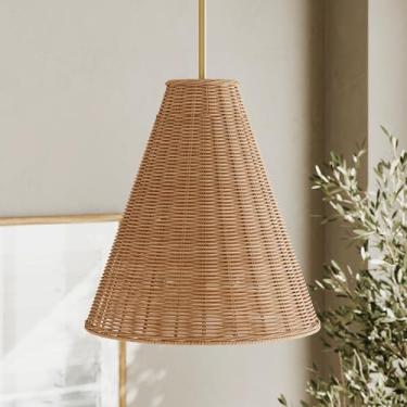 Imagem de Nathan James Luminária pendente Mischa Boho para ilha de cozinha, luminária de teto grande de vime com metal de latão vintage