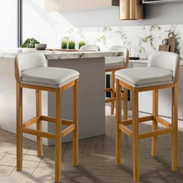 Imagem de Banquetas Altas para Cozinha, Encosto Estofado em Linho Bege, Pés em Madeira Natural, Kit com 2 Unidades