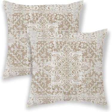 Imagem de BETGINY Capas de almofada Boho 61 x 61 cm, design étnico marrom bege almofadas decorativas ao ar livre para sofá, capa de almofada decorativa com estampa de carpete 2 peças de fronha de linho para