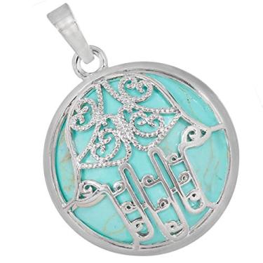 Imagem de Colar de pedra redonda com pingente de cristal Hamsa Mão de Fatima com corrente para homens e mulheres Verde