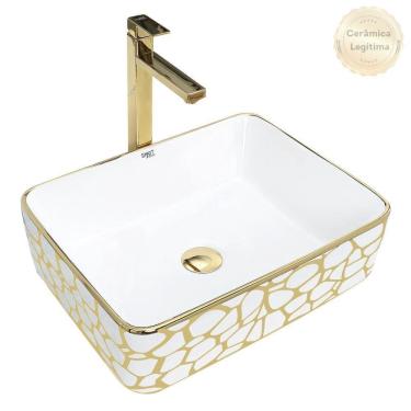 Imagem de Kit Cuba Pia Louça Cerâmica Banheiro c/ Torn E Vál Dourada 9