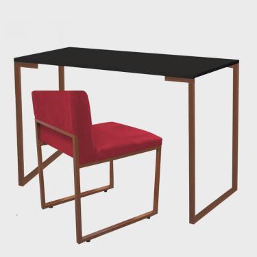 Imagem de Kit Mesa Escrivaninha Stan e Cadeira Lee Industrial Escritório Tampo Preto Bronze Tecido Sintético Vermelho - Ahz Móveis