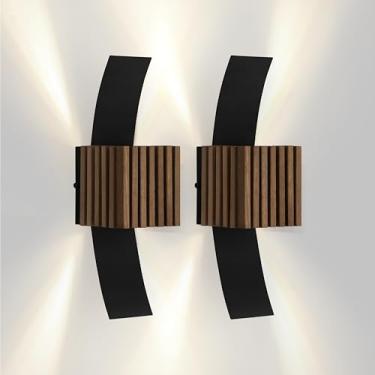 Imagem de 2 Arandela Moderna LED Madeira e Alumínio Iluminação Bidirecional Externa/Interna (MARROM LUZ QUENTE)