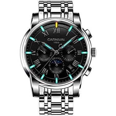 Imagem de Moda Relógio Mecânico Automático Relógios Masculinos Relógios Luminosos 30 Metros Vida Impermeável Semana Mês Exibição Fase Da Lua Calendário Aço Inoxidável Pulseira De Metal Boutique Embalagem Ca