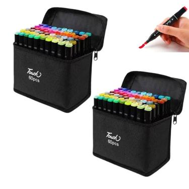 Imagem de Caneta Marcador 60 Cores Estojo Canetinhas Ponta Dupla Kit 2 unidades Bolsa com Alça Desenho Pintura Trabalho Curso Escola Cartaz Arte