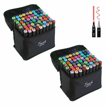 Imagem de Estojo Canetinhas 60 Cores Caneta Permanente Kit 2 unidades Ponta Dupla Marcador Bolsa Escola Trabalho Faculdade Desenho Cartaz Arte