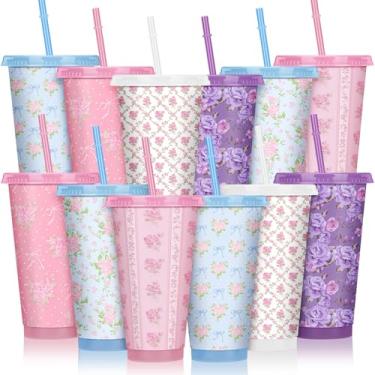 Imagem de Zhehao Pacote com 12 copos de flores de plástico fofo copo de palha copos frios com tampas e canudos a granel para café gelado - caneca de viagem de 680 g reutilizável para adultos crianças mulheres