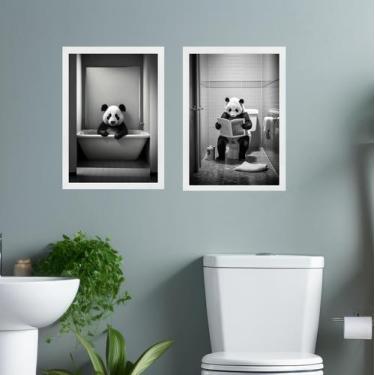 Imagem de Kit 2 Quadros Decorar Banheiro - Urso Panda 33X24Cm - Vidro - Quadros 
