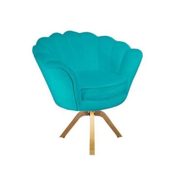 Imagem de Poltrona Decorativa Pétala Base Giratória Madeira Suede Azul Turquesa 
