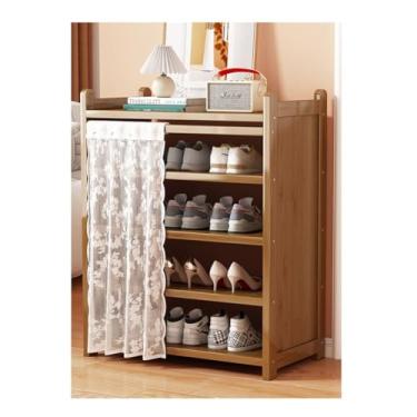 Imagem de Armário de sapatos de bambu armário de armazenamento de sapatos de madeira com prateleira superior e cortina de pano prateleiras abertas 5/6 camadas armário organizador de sapatos rack estreito para