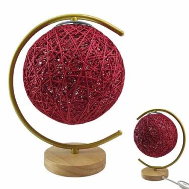 Imagem de Luminaria Abajur Mesa Cupula Meia Lua Bola Barbante Base Madeira Decor