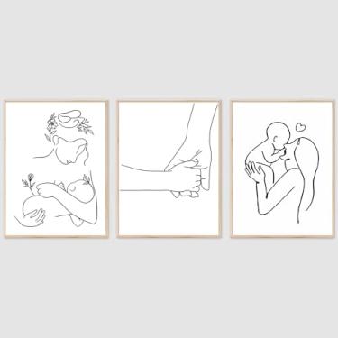 Imagem de PUYIQARE Pôster em tela de desenho de linha abstrata, minimalista, arte de parede para mãe e bebê, impressões de arte de retrato de família, imagens de parede com mãos, decoração de sala de estar, sem