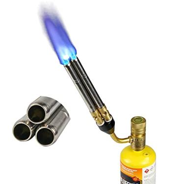 Imagem de BLUEFIRE Cabeça de tocha turbo de barril de chama tripla de alto rendimento 25590 BTU bocal de soldagem a gás resistente combustível da MAPP MAP Pro solda tubos de solda de propano grande lança-chamas