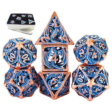 Imagem de Metal DND Dice Set D&D Dungeons and Dragons Dice Set Gifts Hollow Polyhedral 7CPS Role Playing Dice Set with Gift Metal Box Suitable for D&D Table Games Cards Pathfinder(Dragon_Pearl Red Copper Blue)