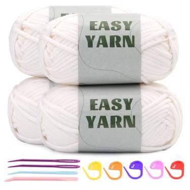 Imagem de Fio 4 x 50 g para crochê e tricô, fio de algodão branco de crochê fácil para iniciantes com pontos fáceis de ver, peso médio nº 4 - mistura de algodão e nylon