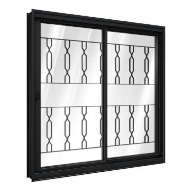 Imagem de Janela De Aço De Correr Lateral 1 Folha Móvel E 1 Folha Fixa Com Grade Mosaico 100x150cm Aço Pronto Riobras Preto
