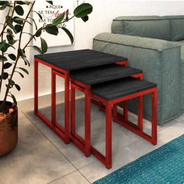 Imagem de Trio Mesa Lateral Industrial Isabella Tampo Preto Base Ferro Vermelho - Preto