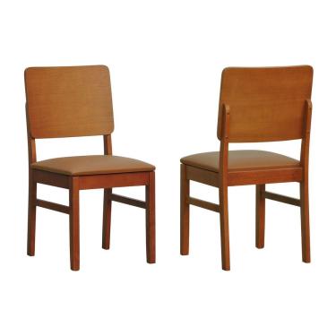 Imagem de Kit 2 Cadeiras Quéops Madeira Maciça Encosto Anatômico Assento Estofado - Amêndoa Corano Caramelo
