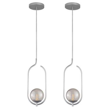 Imagem de Kit 2 Pendentes Lustres On Clip Prata Globo De Vidro Fume