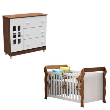 Imagem de Berço e Cômoda Infantil Lara e Mariah 1 Porta 3 Gavetas em MDF-MDP 154 cm Branco Acetin...