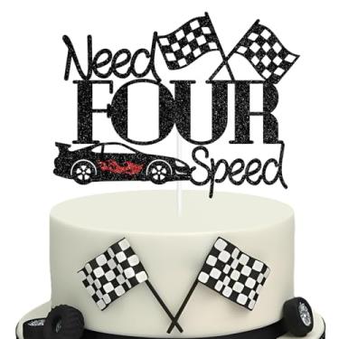 Imagem de Need Four Speed Cake Topper, Four Ever Young, Cheers to 4 Years, Race Theme 4th Birthday Party Decorations for Kids