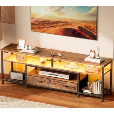 Imagem de Huuger Suporte Para Tv De 65 E 70 Polegadas, Central Entretenimento Com Tomadas Luzes Led, Console Sala Estar, Gavetas Prateleiras Mídia, Marrom Rústico