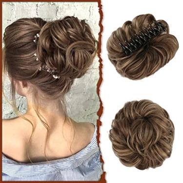 Imagem de SOFEIYAN Aplique De Cabelo Bagunçado Com Presilha Garra Sofeiyan, Coque Ondulado, Cacheado, Rabo Cavalo, Apliques, Extensões Sintéticas Despenteadas, Scrunchie Para Mulheres, Castanho Dourado, Loiro