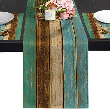 Imagem de Sinpooo Caminhos De Mesa Estilo Fazenda, 48" Comprimento, Corredor Mola Com Textura Madeira, Azul-Marrom, Decoração Resistente Ao Calor Para Cozinha, Sala Jantar E Café