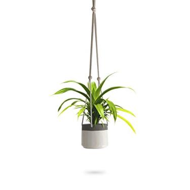 Imagem de 23 Bees Vaso De Cerâmica Suspenso, Vasos Para Suculentas Branco-Acinzentados, Recipiente Redondo Plantas, Cactos Com Suporte Corda Algodão, Decoração Ambientes Internos E Externos (1 Pacote Branco)