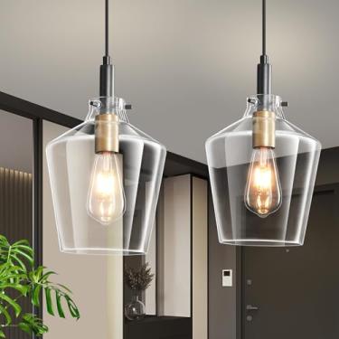 Imagem de Vaziden Luminárias Pendentes De Vidro Modernas Para Ilha Cozinha, Pacote Com 2, Pretas E Douradas Estilo Fazenda, Luminária Teto Suspensa Ajustável, Cúpulas Transparentes Angulares 20 Cm