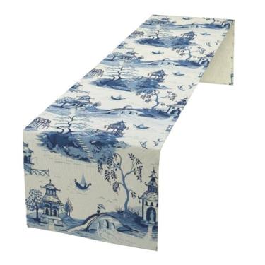 Imagem de JanJCurt Caminho De Mesa Vintage Com Tinta, Decoração Asiática, Oriental, Chinesa, Montanhas, Árvores, Paisagem, Cozinha, Jantar, Para Ambientes Internos E Externos, Festa Em Casa, 13 X 36 Polegadas