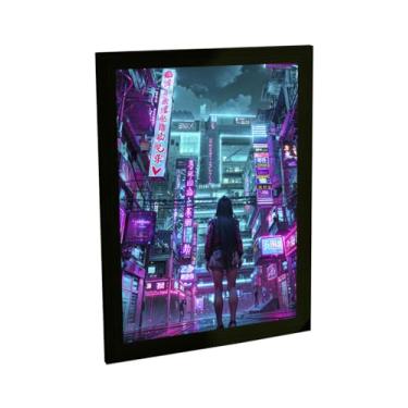 Imagem de Quadro Decorativo Garota Anime Cyberpunk Beco Neon Ilustração Decoração Poster Quarto Sala