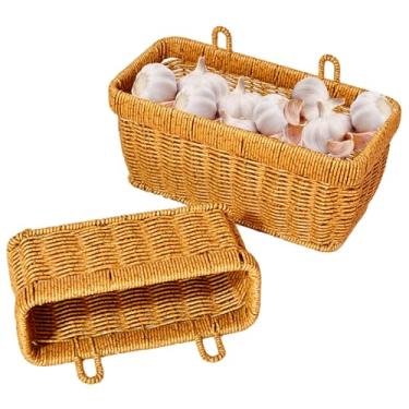 Imagem de Cestas de cozinha penduradas, 2 peças de cestas de pendurar, cestas de parede de tecido estilo boho com orifício para frutas e vegetais, suporte de vime para organizar plantas de jardim e cozinha em