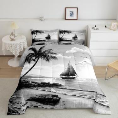 Imagem de Homewish Conjunto de edredom King com palmeira, barco à vela, oceano, praia, para decoração de quarto de crianças, meninos, meninas, costa do Havaí, retrô, 3 peças, conjunto de colcha de microfibra