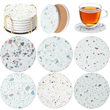 Imagem de Saraudy Conjunto de 6 porta-copos de cerâmica com suporte, estilo terraço, porta-copos absorvente para decoração de casa, carro, copos, canecas e copos (terraço cinza)