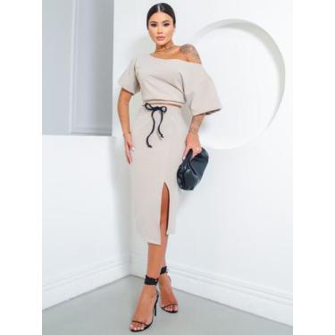Imagem de conjunto feminino saia e cropped com manga curta - PRIME, Bege