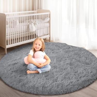 Imagem de KIXINWA Grey Round Rug, 4X4 Feet Fluffy Circle Area Rug for Kids Room Bedroom Living Room Home Decor, Super Soft Cute Non Slip Circular Rug, Shaggy Plush Nursery Carpet