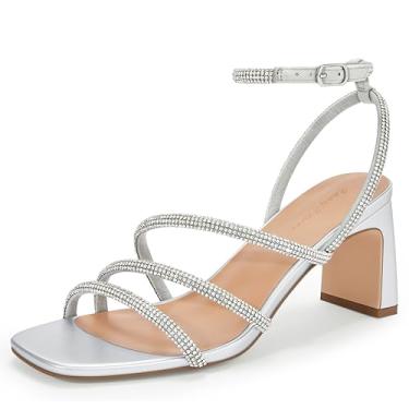 Imagem de CosyFever LC2000 Sandália feminina de salto grosso com fivela de smoking de strass, Prata, 36