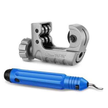 Imagem de Flexzion Ferramenta de corte de tubo de cobre 3/40.6 cm a 1-1/20.3 cm (4-28 mm) - Mini cortador de tubo com ferramenta de rebarbação para cobre, latão, alumínio, aço inoxidável - Mini cortador de