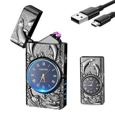 Imagem de SKRFIRE Isqueiro de relógio elétrico recarregável para golfinhos, isqueiros de arco USB, modernos isqueiros de metal dragão iluminação LED para velas presentes (golfinho preto)