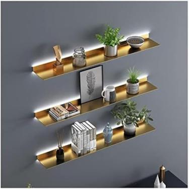 Imagem de Prateleiras flutuantes montadas na parede, prateleiras de parede iluminadas prateleiras de exposição de metal criativas com luz LED incorporada para prateleira de planta ou prateleira, E, dourado, 80