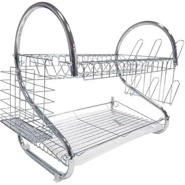 Imagem de Escorredor de Louça Inox Cromado Copos Pratos Talheres com Bandeja Coletora Compacto para Pia Suporte Removível Durável com Design Elegante