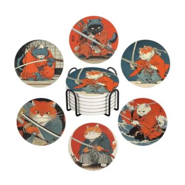 Imagem de LOKMU Porta-copos para bebidas, conjunto de 6 porta-copos de cerâmica absorvente redondo com suporte de metal, porta-copos japoneses para gatos com base de cortiça para mesa de café de madeira