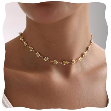 Imagem de LDADAN Colar de margarida, colar de flores delicadas banhado a ouro para mulheres, gargantilha de esmalte boêmio, joia de girassol, acessórios de praia de verão, 16, Latão, Sem Pedra Preciosa