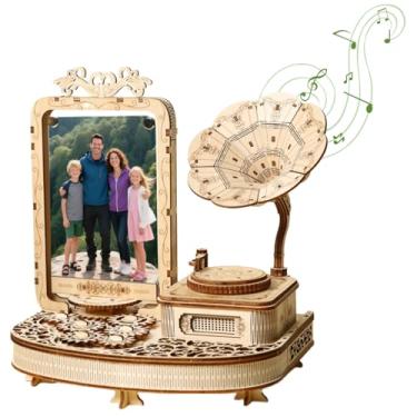 Imagem de 3D Wooden Puzzle Gramophone for Adults – DIY Mechanical Music Box Kit with LED Lights & Rotating Photo Frame, Creative Building Model Sets Gift for Teens, Men & Women