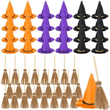 Imagem de WinnerWhy 48 mini chapéus de bruxa e vassoura, decorações de Halloween, acessórios de bruxo para festas de fim de ano, artesanato DIY (preto, roxo, laranja, 4 cm)