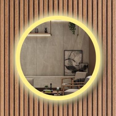 Imagem de Espelho Redondo Borda infinita 3 Tons de LED Grande de parede moderno jateado lapidado decorativo iluminação Botão Sensor touch screen - 3 cores de Luz LED QUENTE, NEUTRO E FRIO (70x70cm)