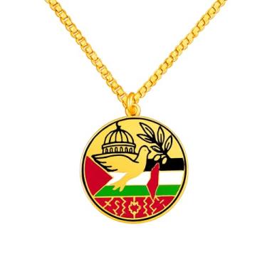 Imagem de JunyiDIY Colar bandeira palestina para homem e mulher, medalhão redondo esmaltado com mesquita Al-Aqsa e pomba, símbolo de unidade, paz e fé islâmica, 50 centímetros, Aço inoxidável, Sem Pedra