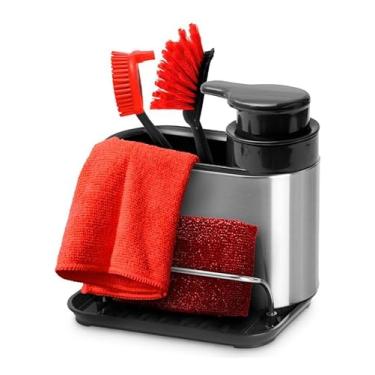 Imagem de Dispenser Detergente para Pia em Aço Inox com Porta Esponja – Organizador de Cozinha Luxo com Dosador Inteligente